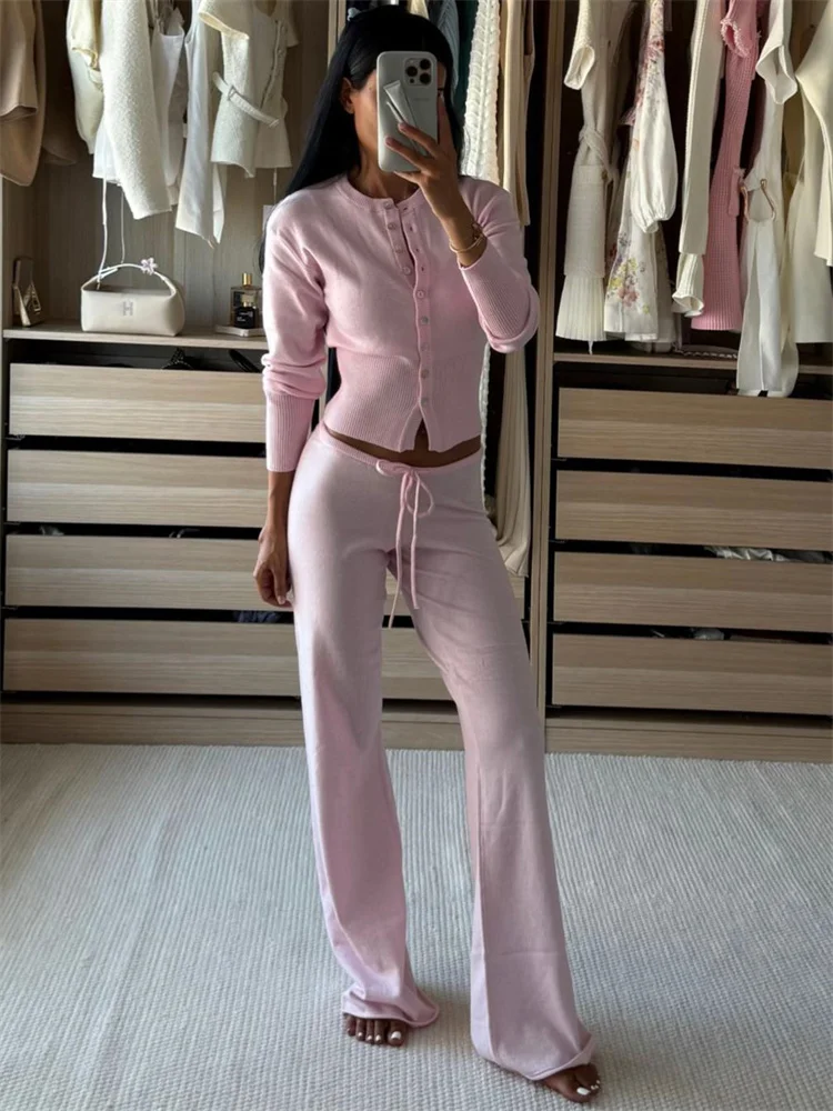 

Tossy Casual Knit Female Outfits Tracksuit Lace-Up Ribbed Cardigan Top And High Waist Trousers Sets Women's Knitwear Pant Sets