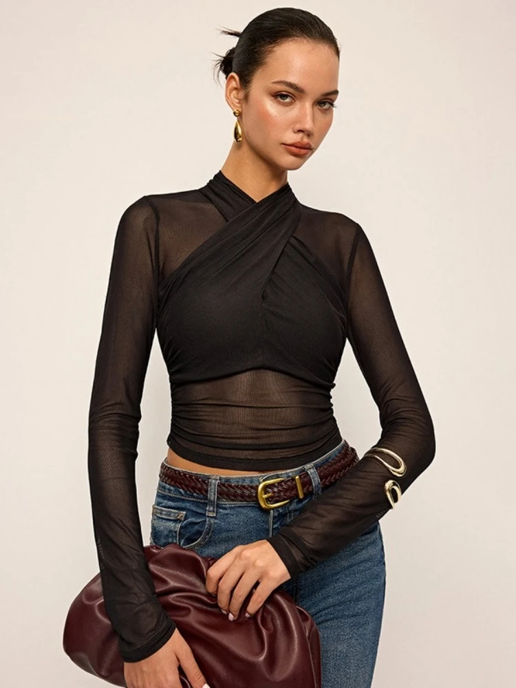 See Through Mesh T Shirt Long Sleeve Crop Top Women Edgy Clothes Y2k Accessories Slim Camison Verano Crossing Collar Ropa Mujer