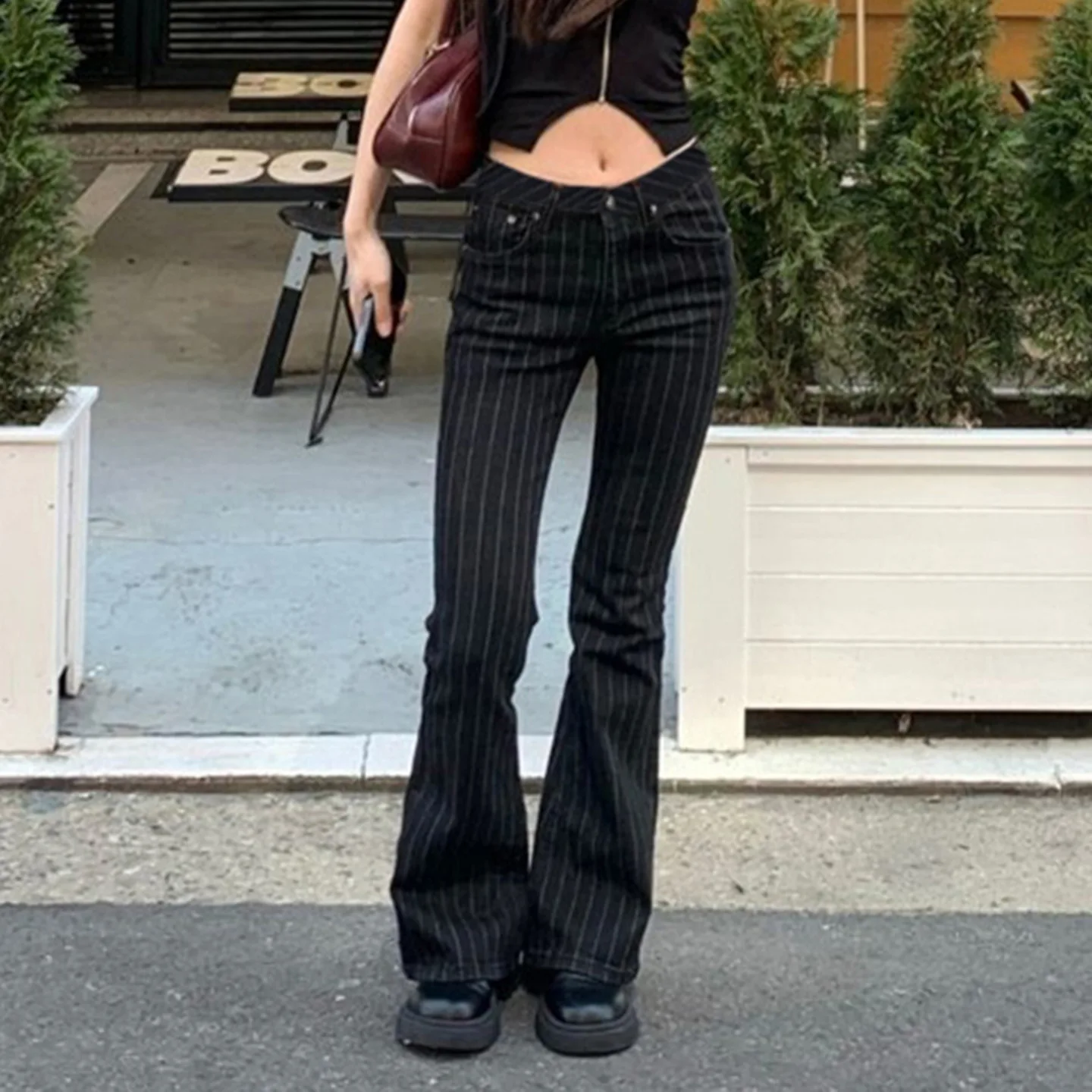 2000s Clothes Y2k Low Rise Boot Cut Jeans Woman Casual Black Striped Denim Trousers Streetwear Flare Pants