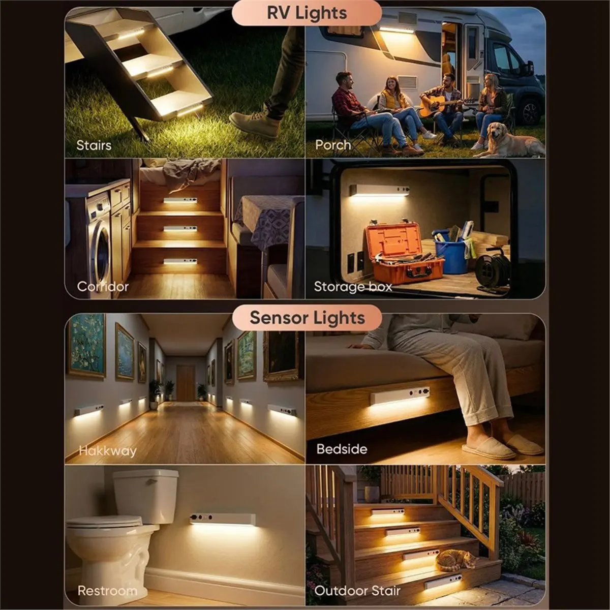 L70A 2 Pcs RV Step Lights Waterproof, 44LED Motion Sensor Rechargeable Magnetic Stair Lights, 3 Color Temps & Dimmable