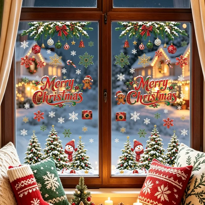 Christmas Static Window Clings Snow Scene Christmas Tree Snowflake Window Stickers Visible Holiday Decals for Shop Window Home