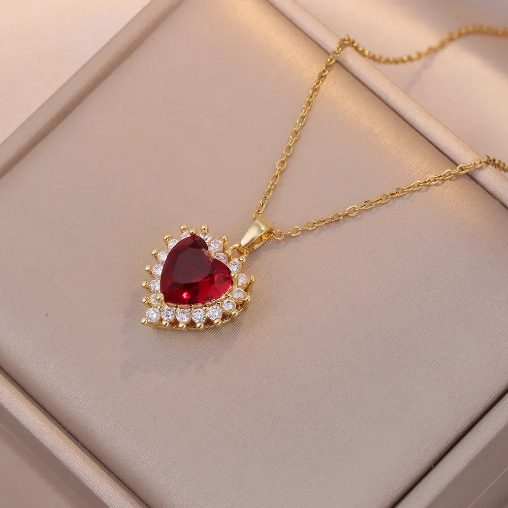 Sweet Romantic Love Studded with Zircon Ruby Earrings Ring Necklace Stainless Steel Accessories