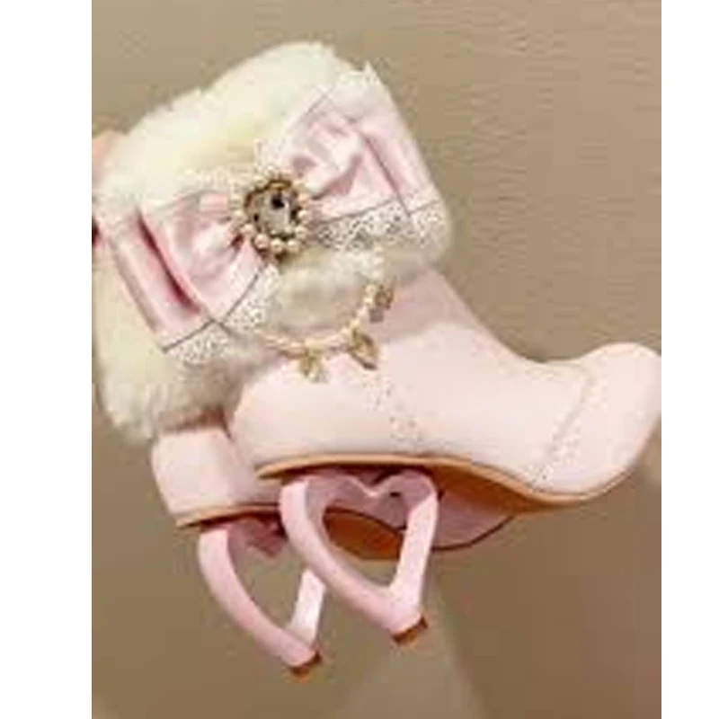 Women Sweet Pink Lolita Heart Shaped Heel Ankle Boots Fluffy Fur Cuff Lace Bow Pearl Rhinestone Side Zipper Short Boots Cosplay