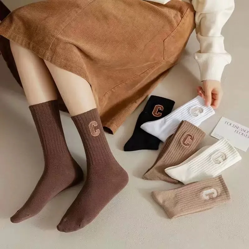 

5 Pairs Women's Socks Set Japanese Harajuku C Letter Fashionable Versatile Casual Comfortable Sports Socks For Girl Wholesale