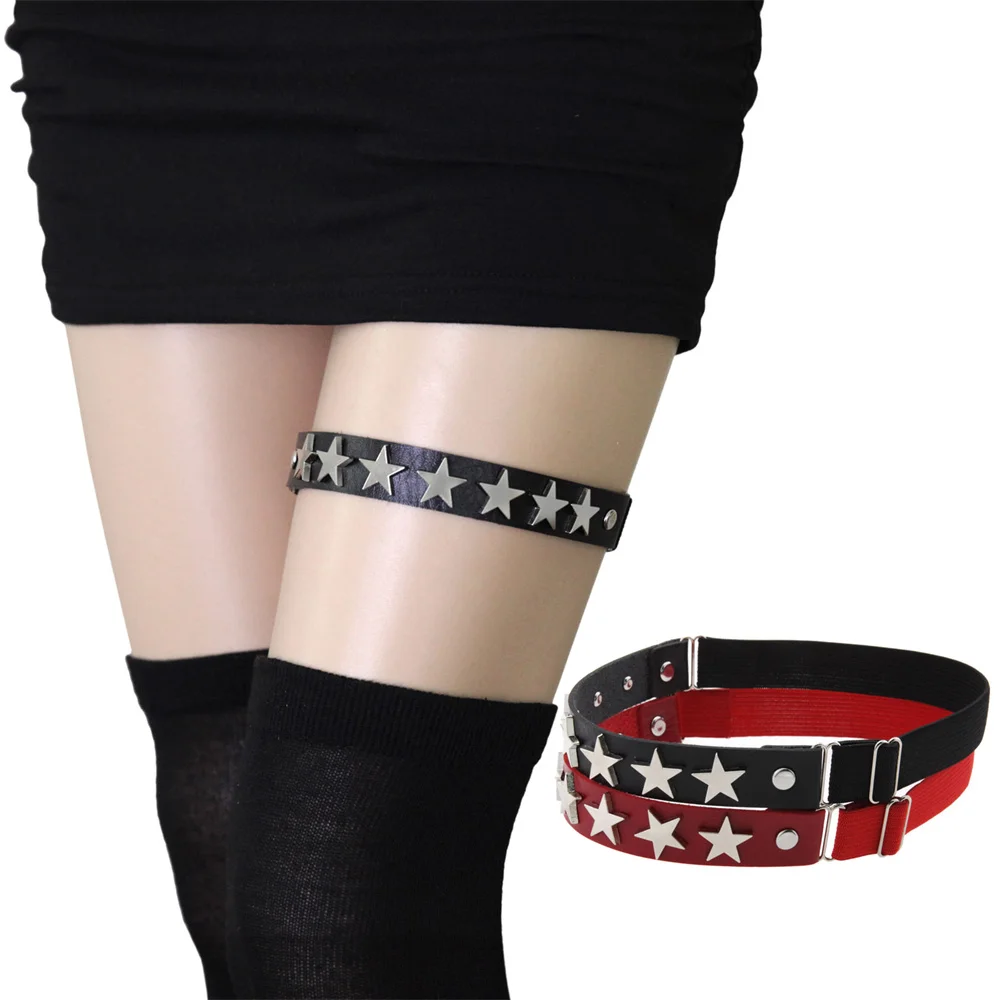 Women Girls Star Pentagram Garter Black Elastic Leg Garter Belts Adjustable Punk Harajuku Harness strap