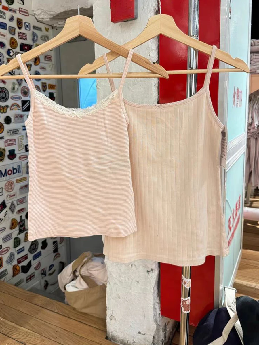 Sweet Pink Eyelet Bow Crop Top Summer Lace Trim Sleeveless Cotton Tank Tops Women Preppy Style Vintage Camisole Y2k Clothes﻿﻿﻿﻿