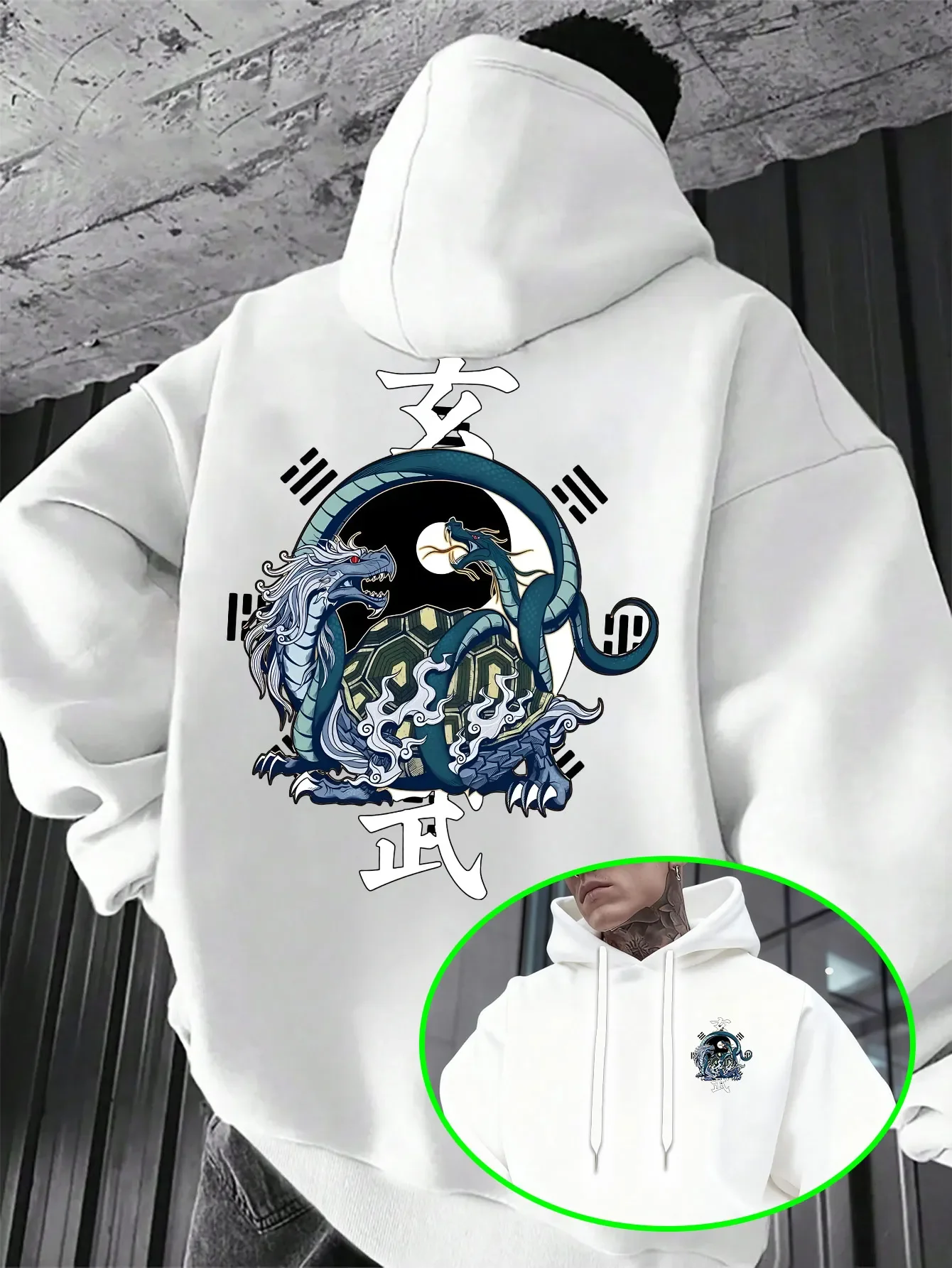 Oriental Mythical Xuanwu Turtle‑Snake Creature Dual Sides Graphic Hooded Sweatshirt Unisex Loose Fit Pullover Daily Streetwear