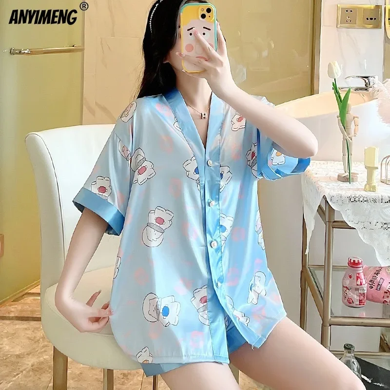 Luxury Silk Sleepwear Kimono Ice Silks Women Pajamas Set Summer Kimono V-neck Lapel Homesuits Casual Loungewear Sexy Nightwear