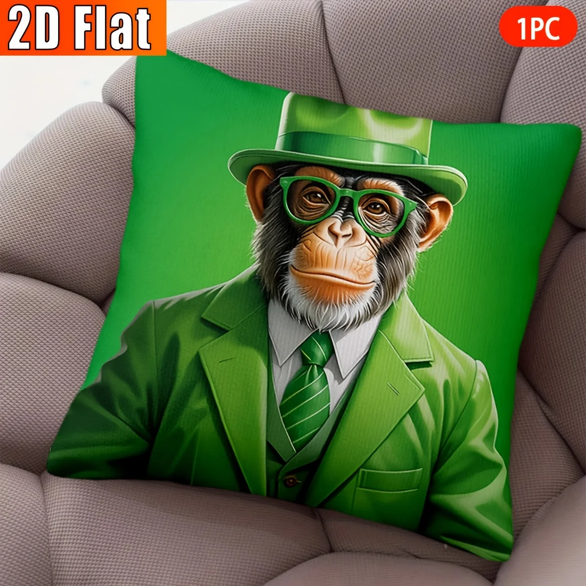 Funny Green Suit Monkey Pillow Case, Cool Chimpanzee Cushion Cover, Quirky Animal Art Home Decor for Sofa Living Room Gift