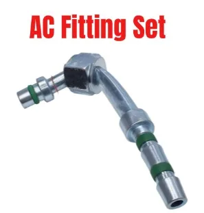 R134a Fitting Assembly Featuring 90 Degree Female Connectors And Moveable Block To Facilitate Proper Hose Engagement