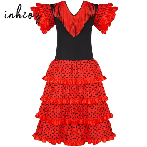 Vestido de baile Flamenco español tradicional para niñas, falda larga de estilo gitano Flamengo clásico, Festival de corrida de toros, vestido rojo mexicano