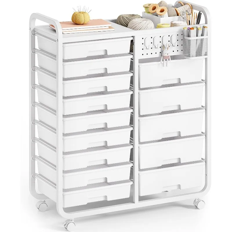 

14 Drawer Rolling Cart with Tabletop & DIY Pegboard, Storage Cart with Wheels, Classroom Organizers Utility Cart for Office Home