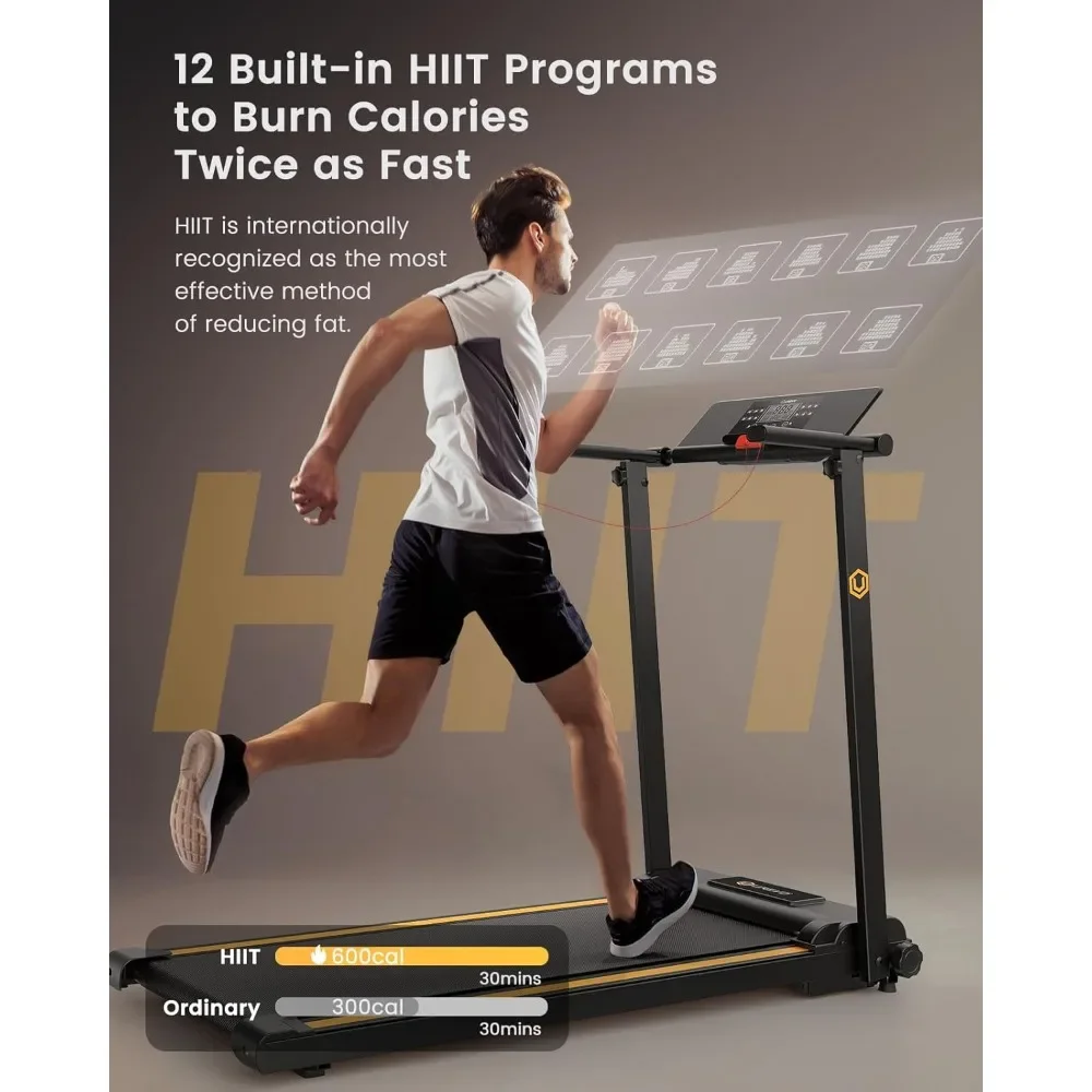 Folding Treadmill, 2.25HP Treadmills for Home with 12 HIIT Modes, Compact Mini Treadmill for Home Office, LCD Display