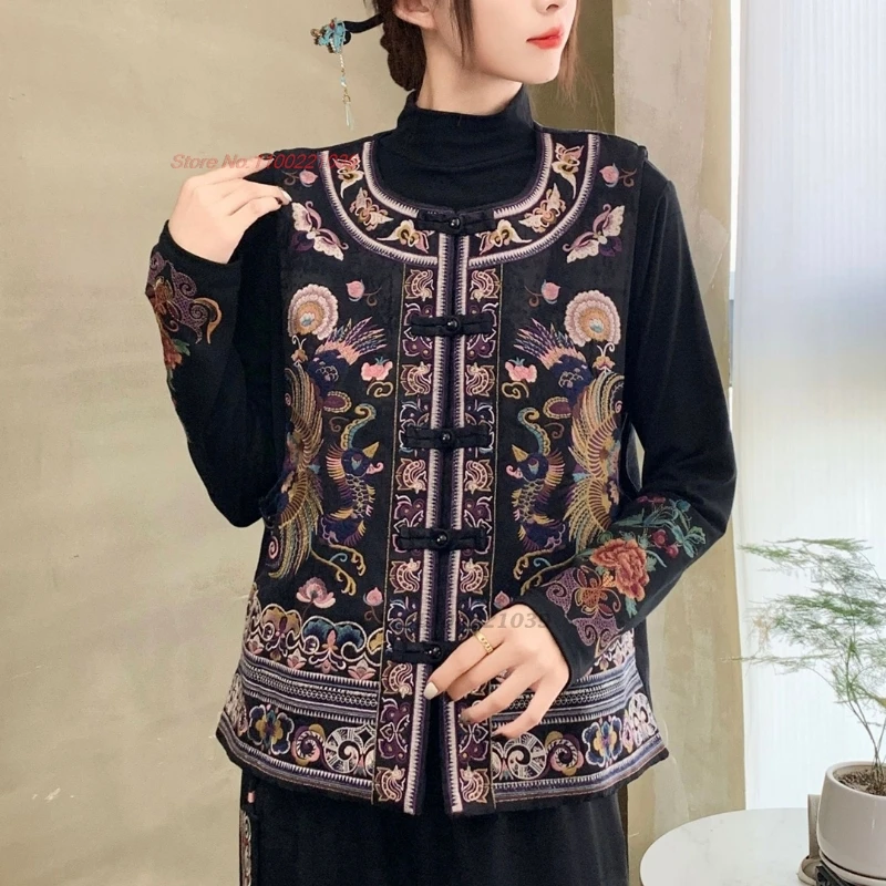 

2025 national flower embroidery satin jacquard vest o-neck vest sleeveless jacket traditional cotton-padded vest hanfu tops
