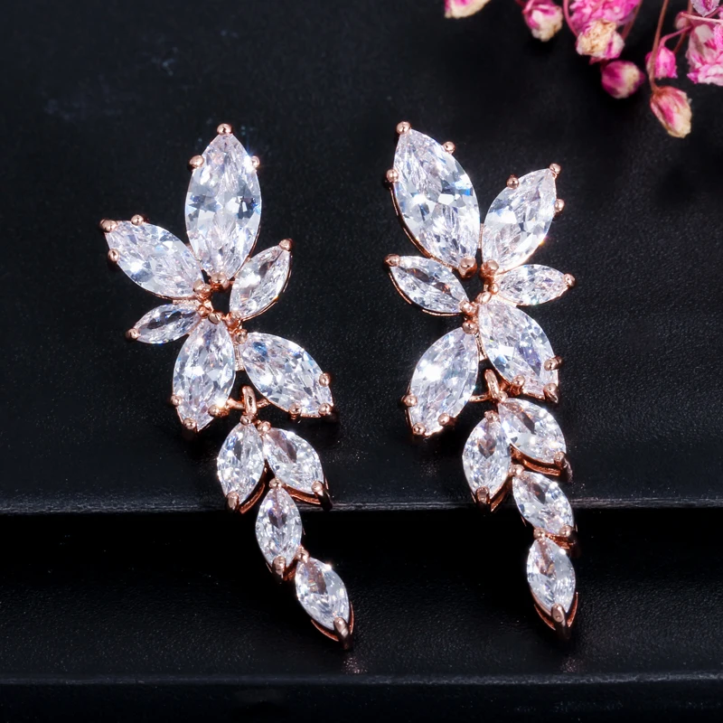 ThreeGraces Clear Marquise Cut Cubic Zirconia Rose Gold Color Elegant Leaf Drop Earrings for Women Bridal Wedding Jewelry E1159