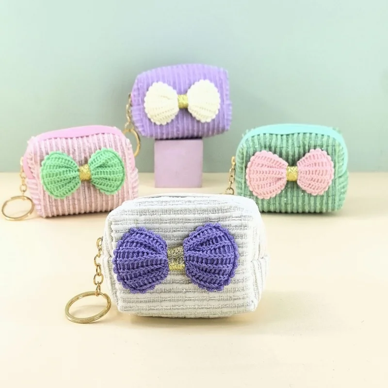 Cute BowKnot Corduroy Coin Purse Keychain Card Bag Small Earphones Storage Clutch Bag Pouch Wallet Holiday Gift