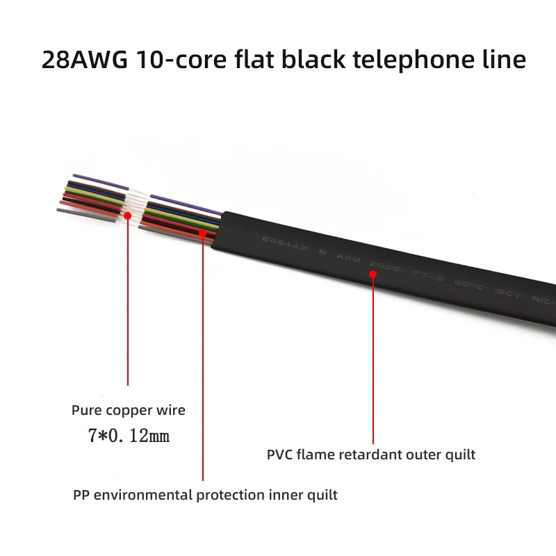 

UL20251 10-жильная черная плоская телефонная линия 28AWG 10-жильная сетевая перемычка Сигнальный кабель Сетевой кабель
