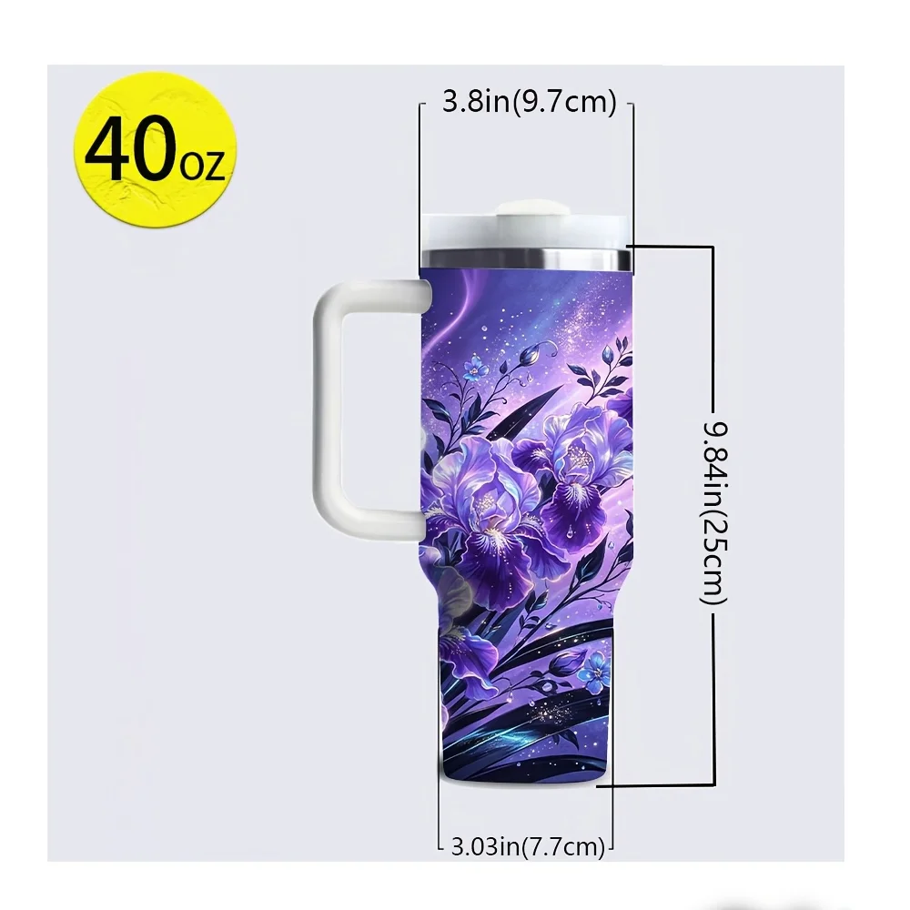 40Oz Purple Iris Flower Print Insulated Tumbler with Handle, Large Capacity for Hot And Cold Drinks, Suitable for Women'S Daily Use, Outdoor Travel, And Indoor Office Scenes