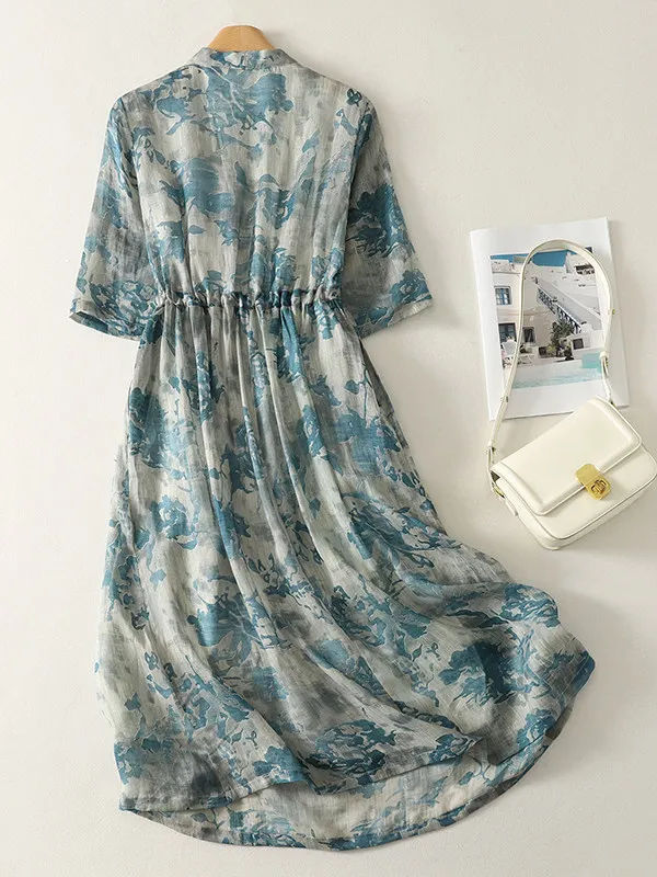 Korean Japanese Large Size Dress Women's Summer High Waist Drawstring A-Line Skirt Breathable Comfortable Print Casual Dress