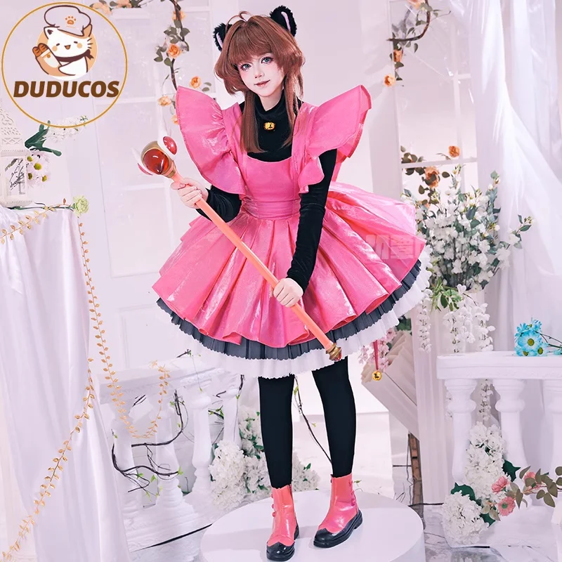 Kinomoto Sakura Cosplay Costume Anime carte Captor Sakura DUDU-R femmes Halloween mignon noir rose robe le THUNDER oreilles queue