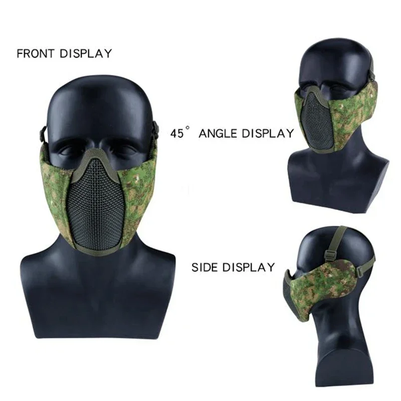 Camuflagem tática meia máscara facial metal aço net malha máscara caça máscara protetora airsoft máscara de proteção de ouvido