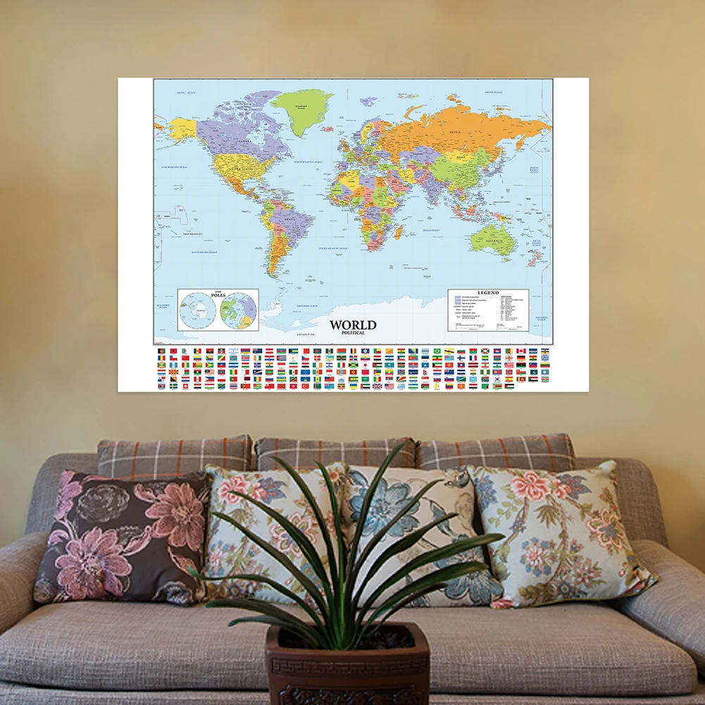 Póster de pared detallado de mapa del mundo, pinturas de lienzo impresas transparentes, suministros escolares para decoración del hogar y el aula, 120x80cm