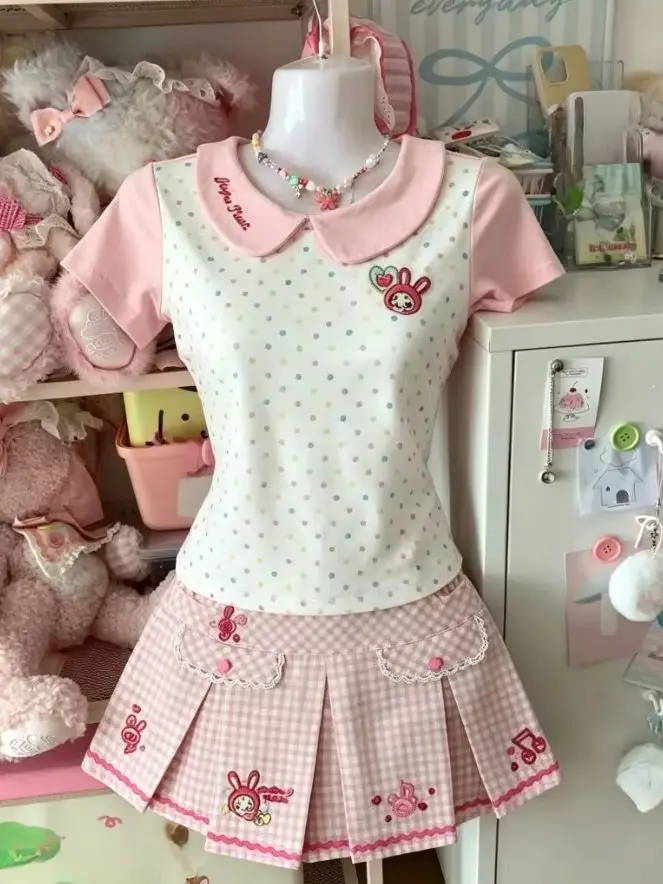 Harajuku Y2k Ladies 2 Piece Skirt Set Kawaii Cat Print Top Bow Decoration Ruffle Cake Mini Skirt Sweet Lolita Daily Wear Outfit
