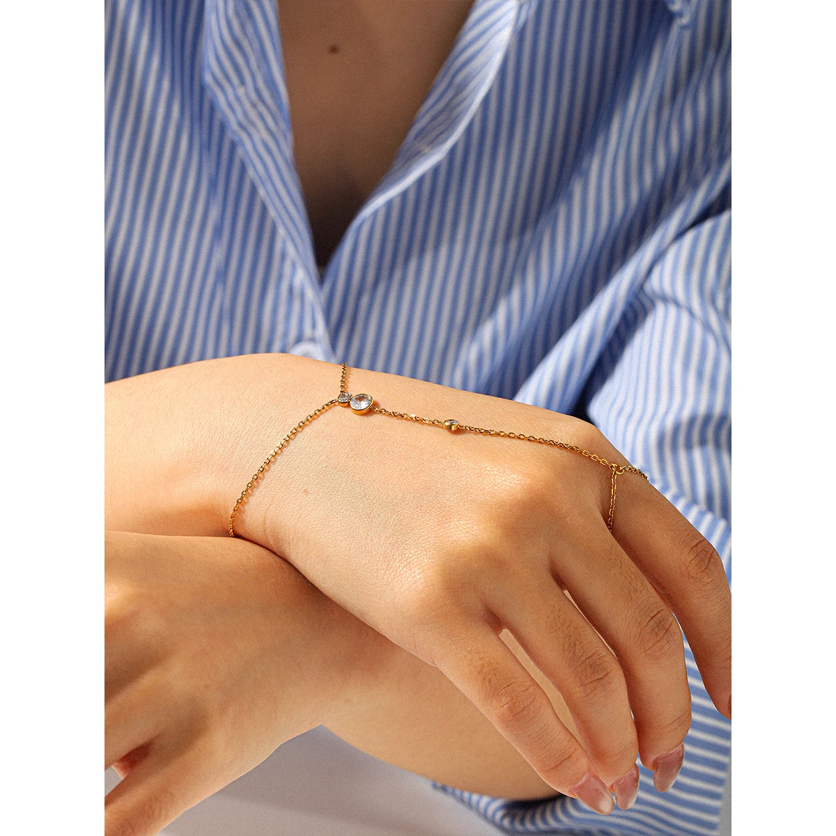 18K Gold Plated Hand Chain Bracelet Ring Attached Women Steel Dainty Harness Minimalist Waterproof Tarnish Free Daily Wear Gifts