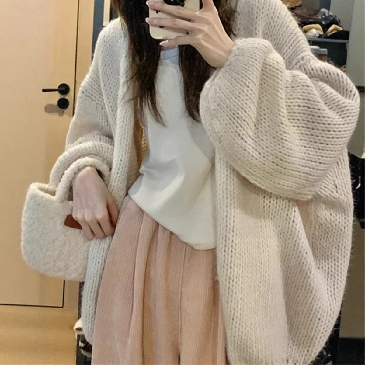 

Вязаный кардиган, свитера, женские однотонные джемперы средней длины, v-образный вырез, длинные рукава, открытая строчка, свободный крой, повседневная осень-зима 2024 г.