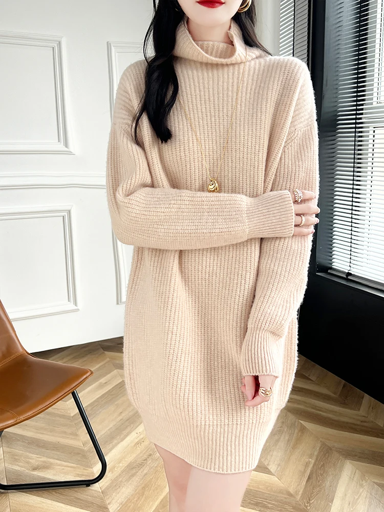 Sweater wanita leher tinggi, pakaian rajut wanita model Korea, Sweater longgar hangat setengah panjang, Pullover Turtleneck, musim gugur musim dingin, baju rajut wol 100%