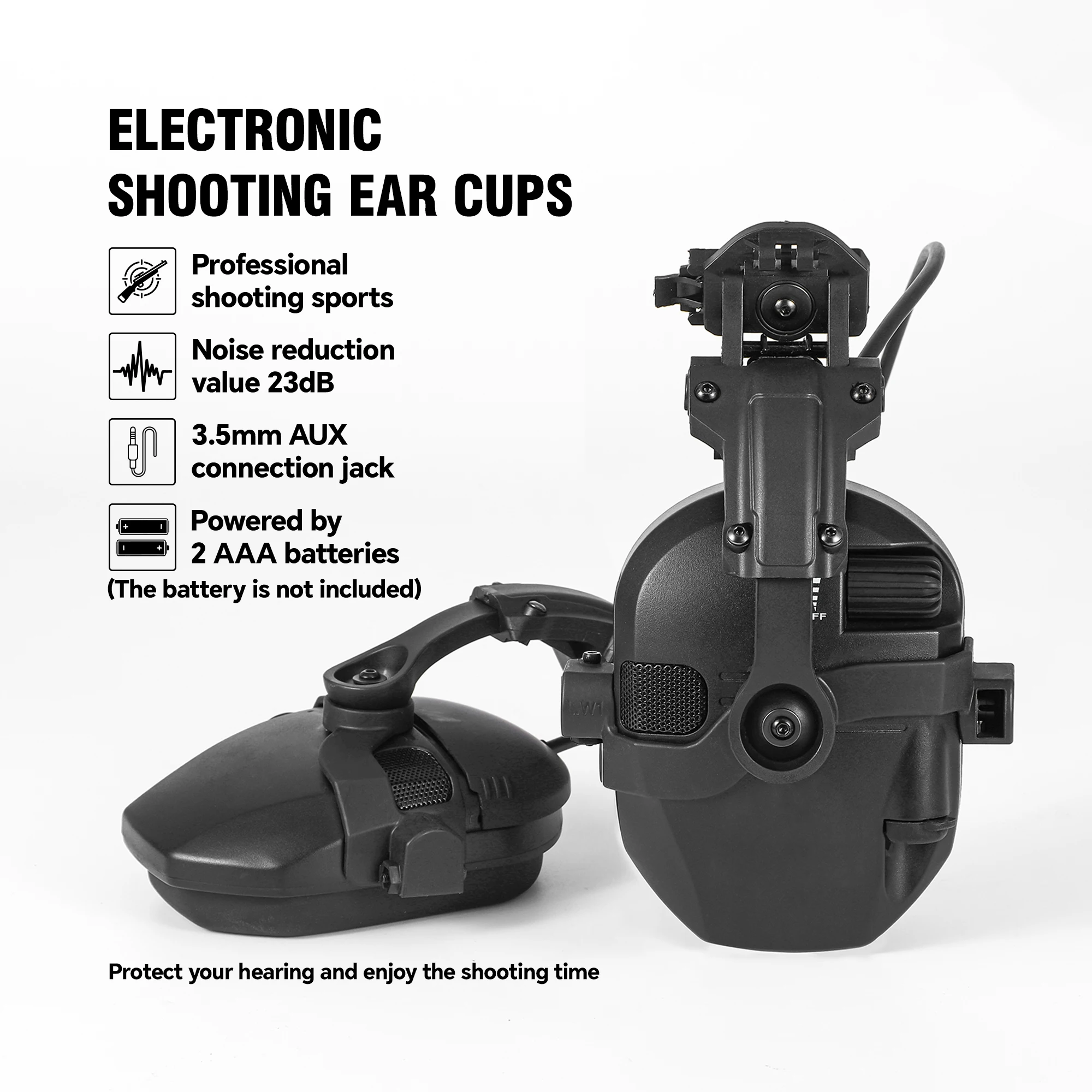 Tactical Helmet-Mounted Ear Muffs – 23dB NRR Noise Reduction, 0.01s Fast Response, Dual Mic & 3.5mm AUX for Shooting, Hunting, M
