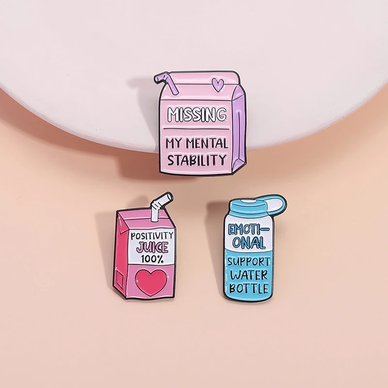 

Missing Mental Stability Enamel Pin Emotional Support Positivity Juice Milk Box Metal Brooch Lapel Badge Mental Health Jewelry