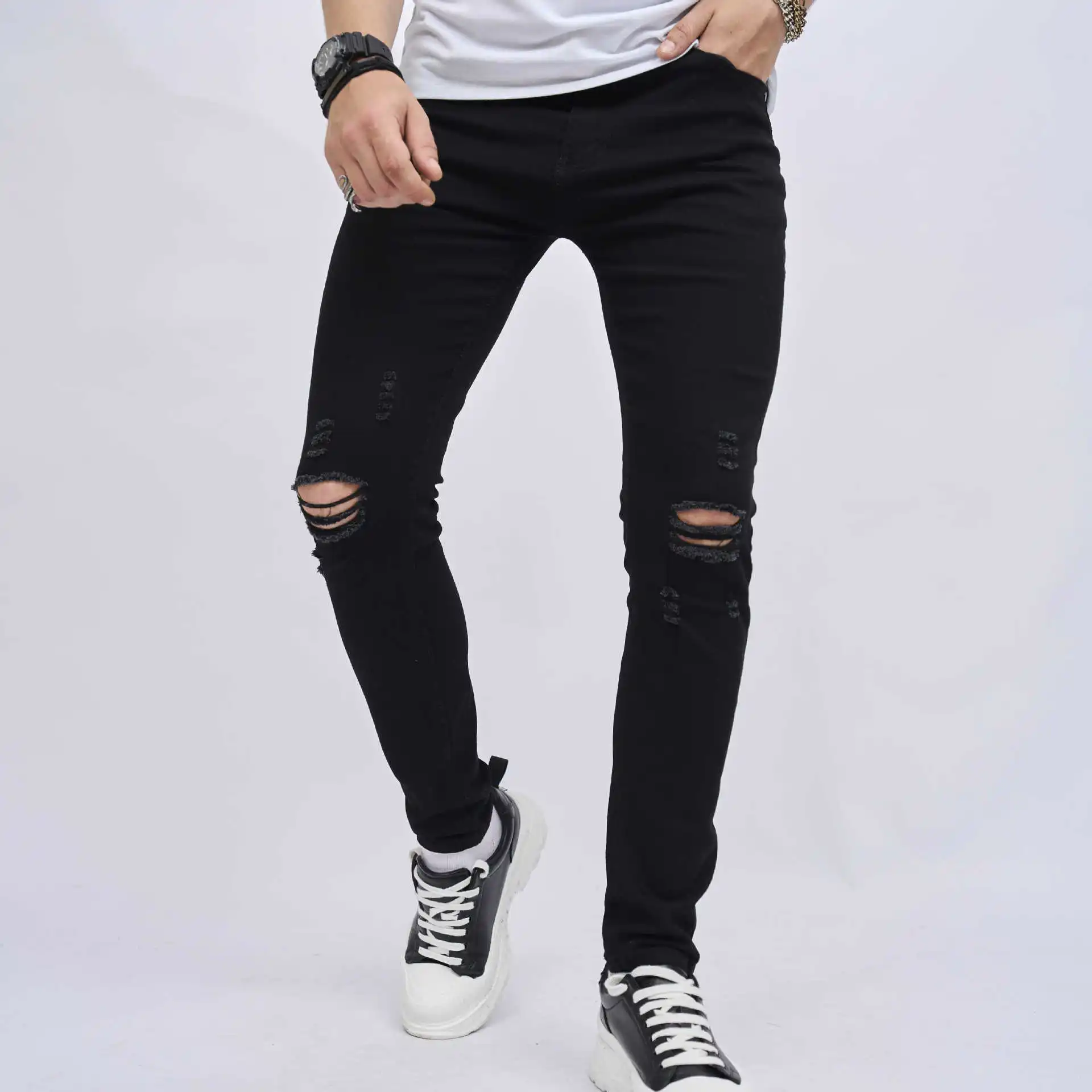 Pure Black Denim Pants High Street Fashion Mens Ripped Jens Slim Small Feet Elastic Male Full Length Streetwear Trousers