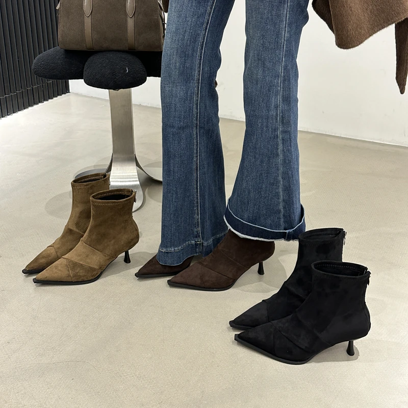 

SUOJIALUN 2025 Winter New Women Ankle Boots Shoes Fashion Pointed Toe Ladies Elegant Short Boots Thin High Heel Dress Chelsea Bo