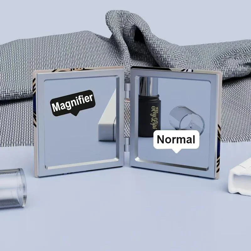Mini espejo de maquillaje de PU abatible de doble cara, portátil, plegable, color nude, peine de espejo Normal y de aumento con succión magnética