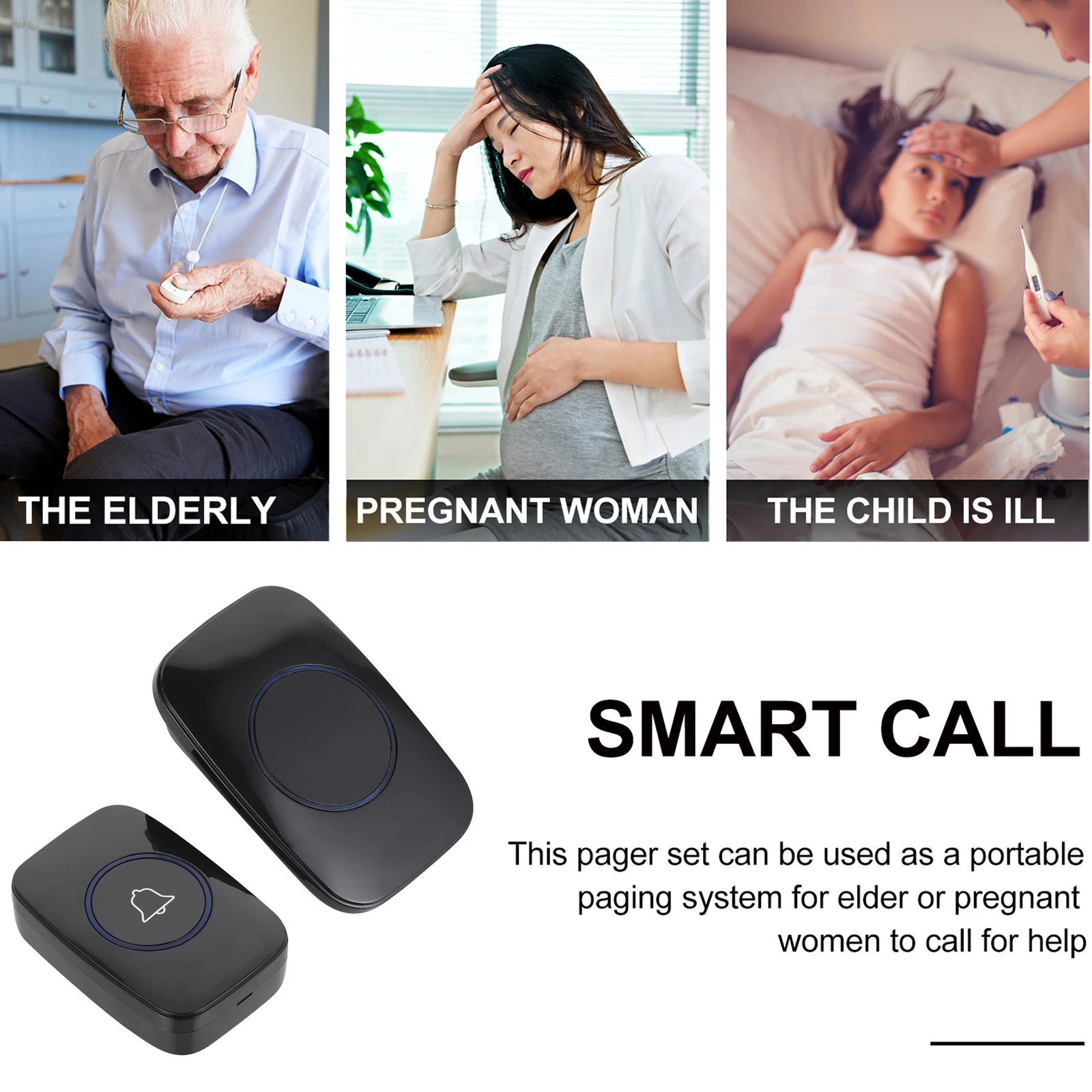 

Elder Calling Alert Wireless Doorbell 300M Long Distance Black Chime Caregiver Pager Button LED Indicator Easy Install