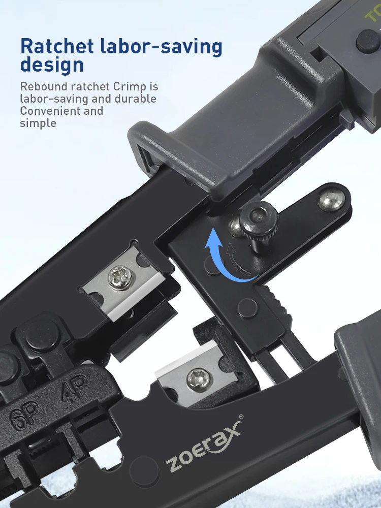 ZoeRax RJ45 RJ12 RJ11 Netzwerk-Crimpwerkzeug 8P6P4P Tester mit Abisolier-, Schneid-, Crimp- und Testfunktionen (Batterie nicht enthalten) – Detail 2