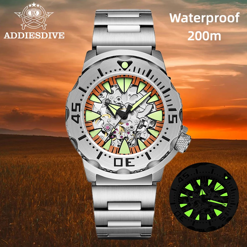 

ADDIESDIVE Luxury Men's Watch Stainless Steel Skeleton Dial Sapphire Crystal Mechanical Movement Waterproof Luminous Hands Watch
