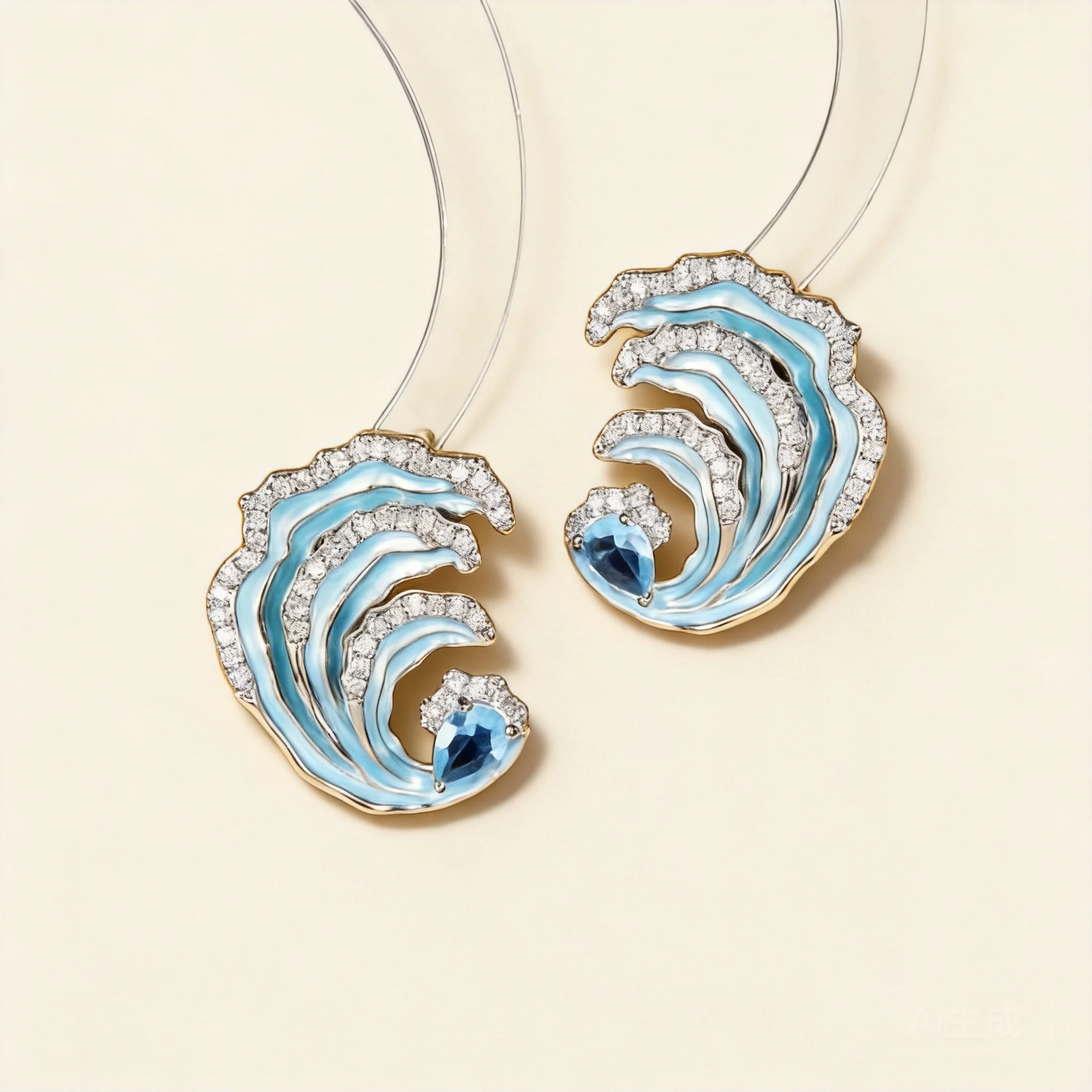 Chinese Style Enamel Ocean Wave Shaped Stud Earrings For Women S925 Silver Needle Shiny Cubic Zirconia Retro Vintage Light Blue