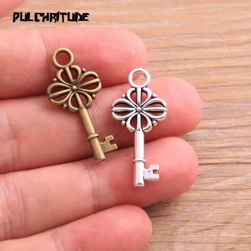 10pcs 14*29mm Two Color Flower Key Charms Double-sided Pendants Handmade Decoration Vintage For DIY Jewelry Making