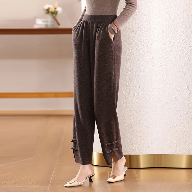 Thick 100% Wool! Women's Elastic - waist Solid Color Lantern - style Ankle - length Pants, Buttons Decoration Catches Eyes