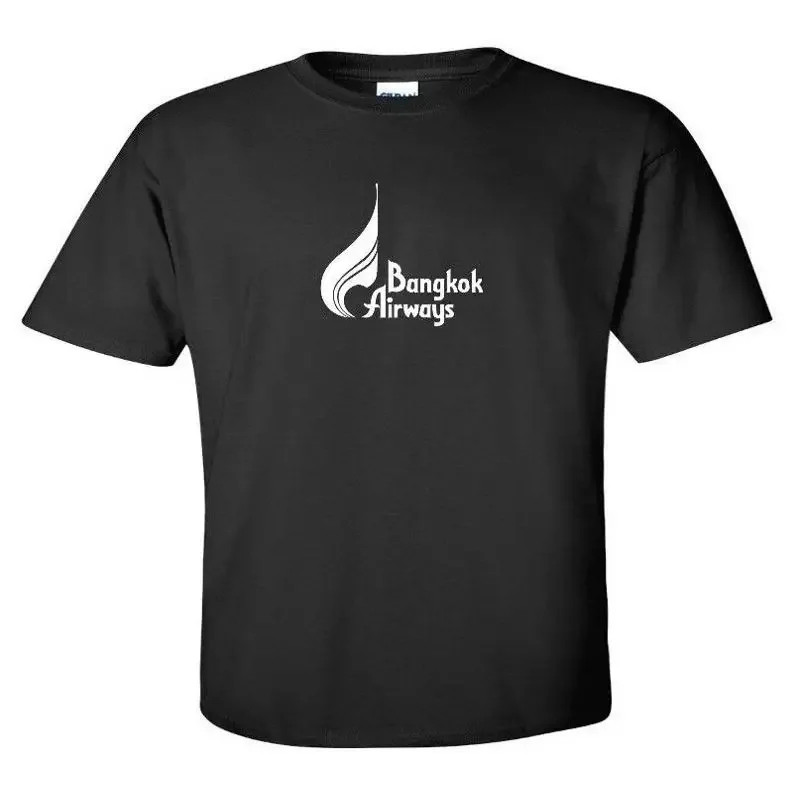 Bangkok Airways White Logo Thai Thailand Aviation Airline Black Cotton T shirt