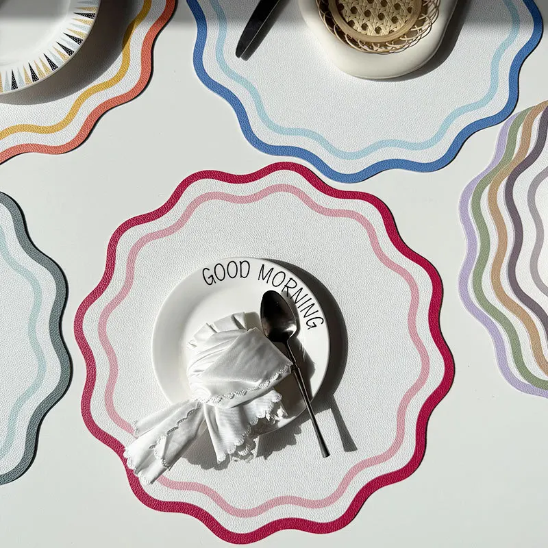Printed Flower Shape Leather Placemat Insulated Table Mat for Kitchen Dining Table Striped Waterproof Heat-resistant Plate Mat