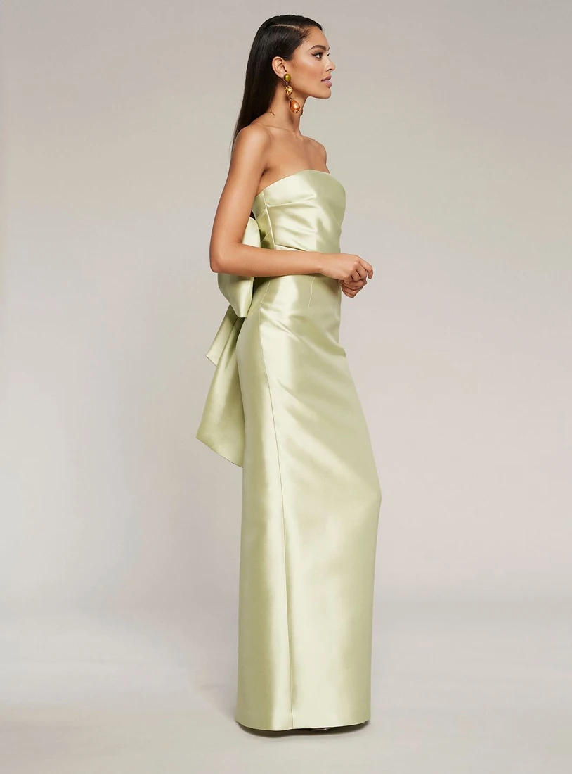 

Classy Long Green Strapless Prom Dresses With Slit/Bow Sheath Satin Party Dress Floor Length Maxi Formal Evening Dress for Women