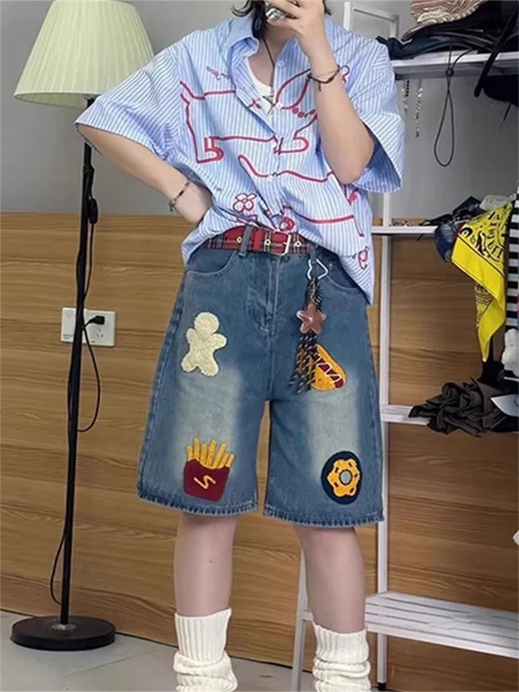 

Полотенце большого размера в стиле ретро, джинсовые брюки с вышивкой, женские свободные прямые брюки в американском стиле, брюки пять четвертей с высокой талией и широкими штанинами