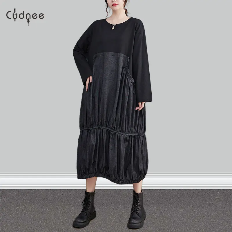 Women Autumn Winter Different Material Docking Denim Maternity Korean Balloon Skirt Oversized Big Size Gathers Long Sleeve Dress