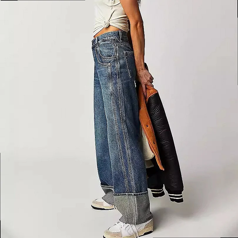 Vintage Washed Mid Rise Skinny Straight Leg Jeans for Women Denim Pants Baggy Casual Loose Fit Roll Hem Stretchy Trousers