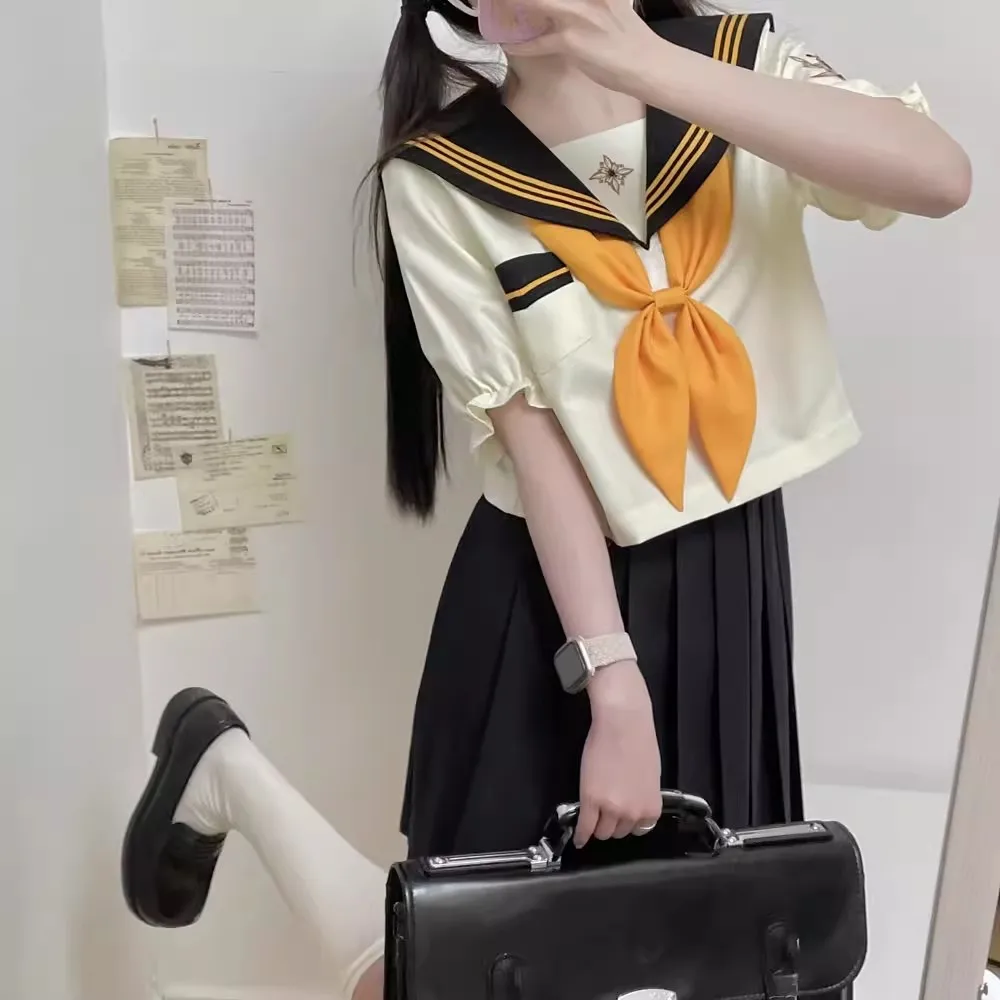 Traje de marinero japonés para estudiante de secundaria, uniforme escolar Jk coreano, falda de manga corta con leño negro, Seifuku