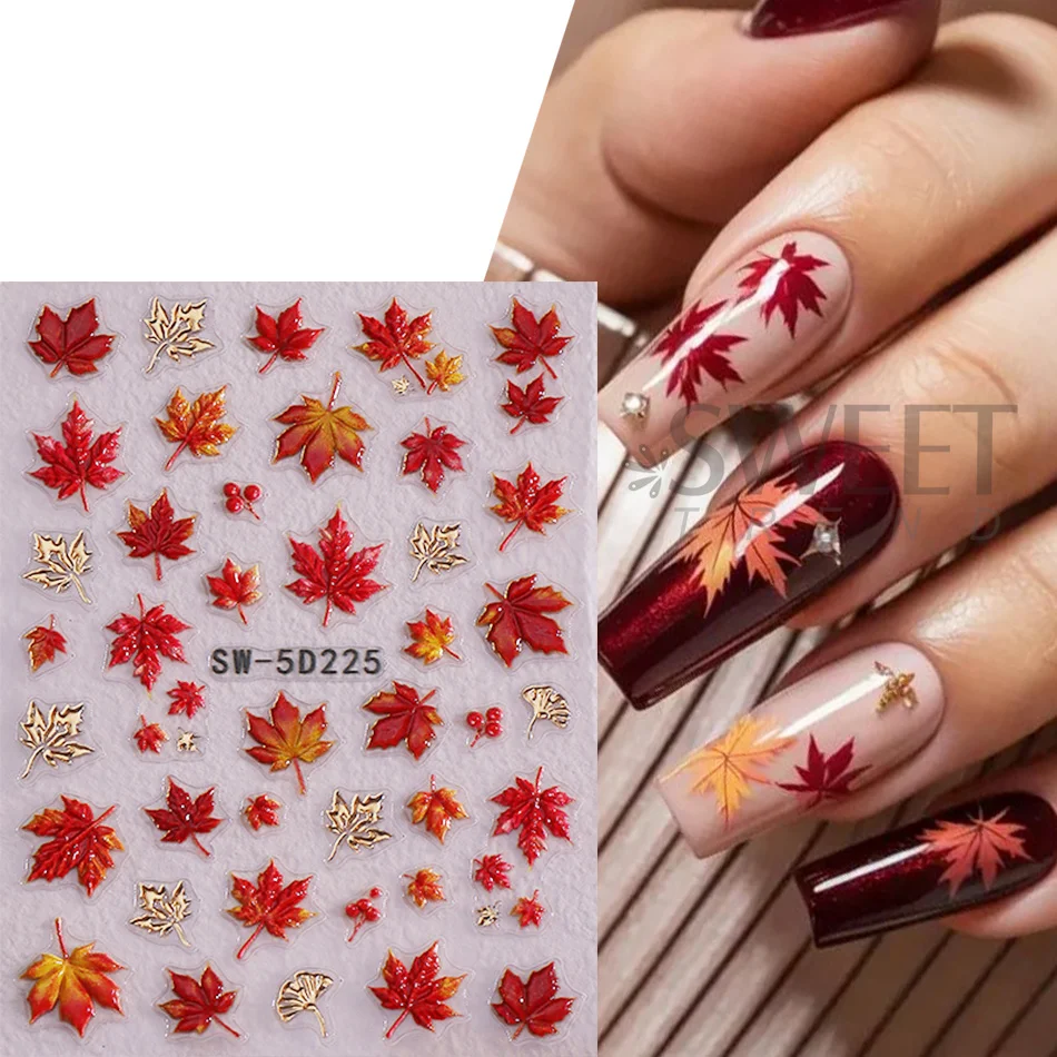 2 Stück 5D geprägte Ahornblatt-Nagelkunst-Aufkleber, herbstrotte Ahornblätter mit goldenen Adern, selbstklebende Nagelsticker, Herbst-Maniküre-Dekoration – Detail 3