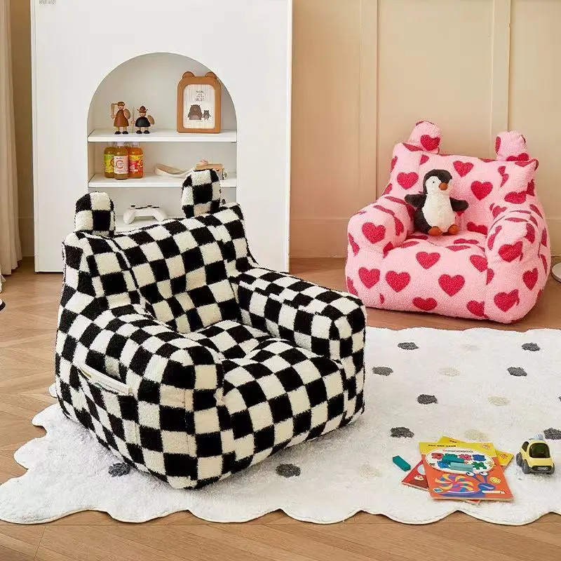 Ins-sofá pequeño con patrón de tablero de ajedrez blanco y negro para niños, asiento de dibujos animados, lectura, Mini Silla de ocio, sofá Perezoso